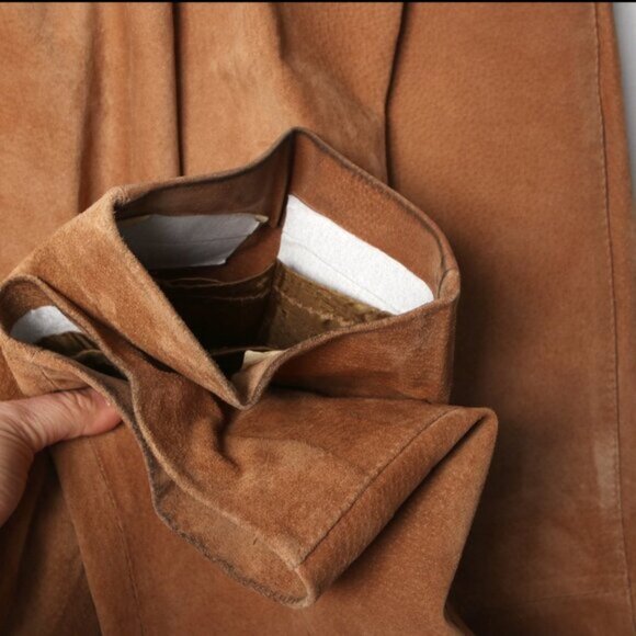 Vintage Bagatelle Suede Pants Straight Leg Trousers Creased Pleated Zip Fly Tan - Picture 8 of 11